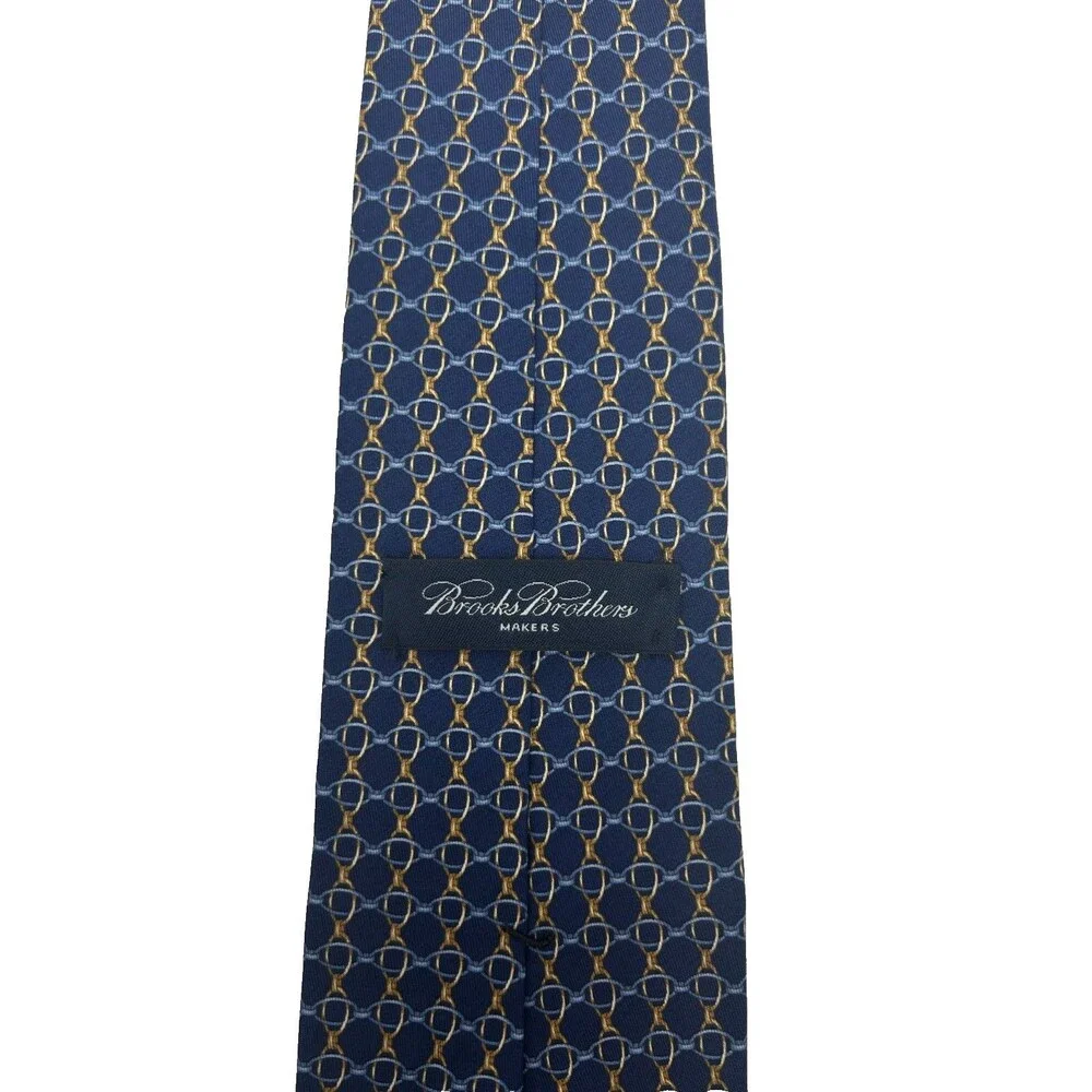 Brooks Brothers Makers Silk Tie Navy Blue Gold Horsebit Equestrian 57.25” x 3.75